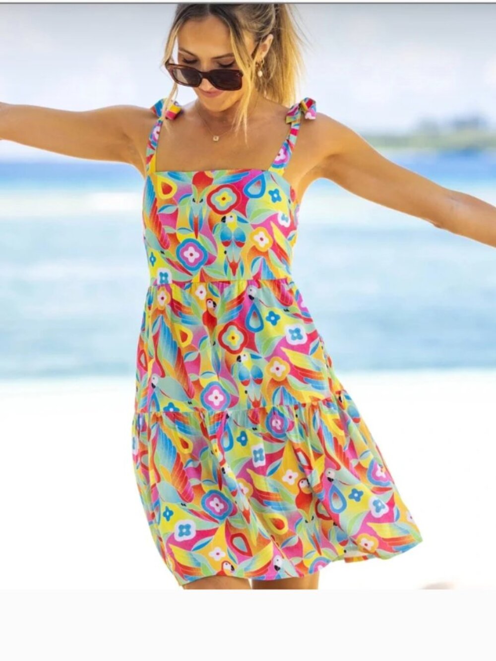 Kenny Flowers Caribbean Resort Dress Multi Parrot Floral Smocked Tie Strap Small